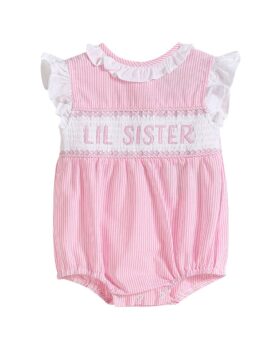 Lil Cactus Striped Lil Sister Smocked Romper pink 18-24